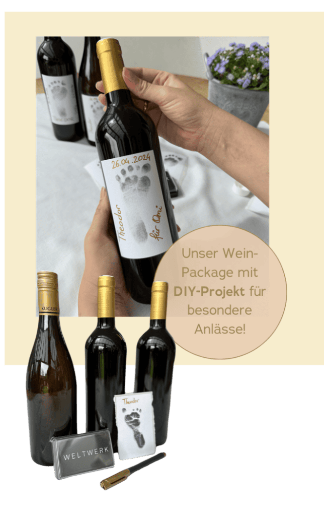 Weinpaket mit Rotwein Shiraz, Rotwein Roesler und Weißwein Cuvée Prestige, inklusive DIY-Etiketten und Goldstift.