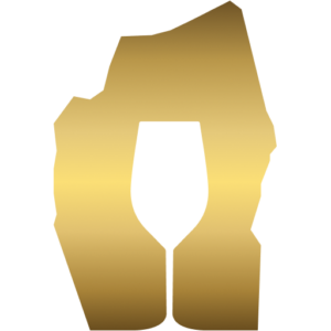 Stilisierte goldene Grafik, die in der Mitte die Silhouette eines Weinglases zeigt, die durch den Negativraum zwischen zwei unregelmäßigen Formen entsteht.